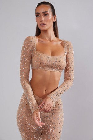 Almond Oh Polly Giulia Sheer Embellished Long Sleeve Square Neck Crop Top | LCVG-74038