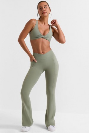 Bamboo Green Oh Polly Match Cross Waistband Flare Pocket Leggings | FVGB-51274