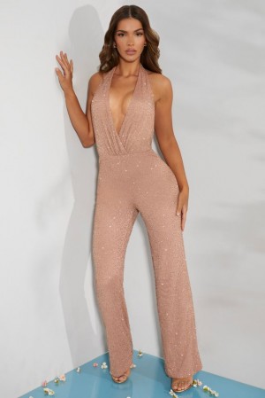 Beige Oh Polly Amalfi Tall Embellished Plunge Neck Jumpsuit | FJYU-68102