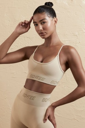 Beige Oh Polly Contender Curved Neckline Sports Bra | OSLQ-52931