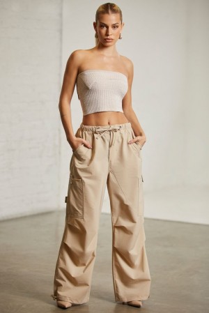 Beige Oh Polly Rori Petite Wide Leg Cargo Trousers | OASW-37426