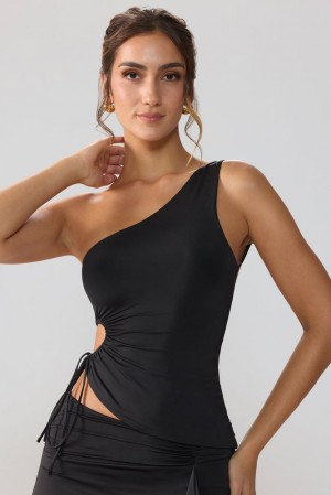 Black Oh Polly Aura Slinky Jersey Ruched Cut Out One Shoulder Top | GDMA-63490