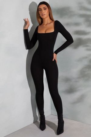 Black Oh Polly Delanie Petite Square Neck Long Sleeve Jumpsuit | NIFZ-08174