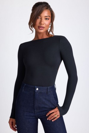 Black Oh Polly Elli Modal High Neck Long Sleeve Open Back Top | VEWZ-35782