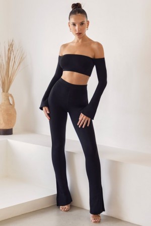 Black Oh Polly Gaia High Waist Split Flare Leggings | GZID-97138