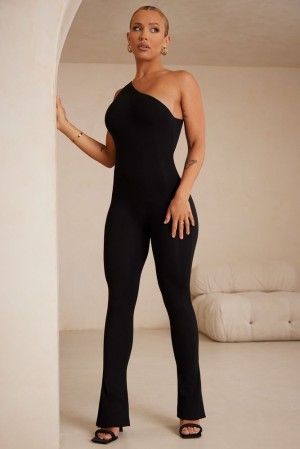 Black Oh Polly Koori Petite Single Strap Asymmetric Jumpsuit | JUVE-41308