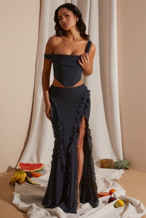 Black Oh Polly Lucia Mid Rise Ruffle Detail Maxi Skirt | ZBTJ-34652