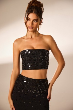 Black Oh Polly Maia Hand Embellished Bandeau Corset Crop Top | STUC-46927