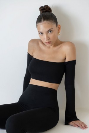 Black Oh Polly Renata Long Sleeve Bardot Crop Top | KQVY-58427