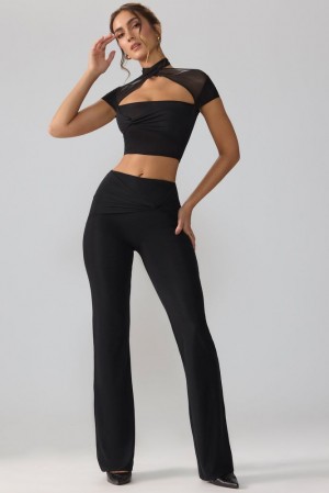 Black Oh Polly Ridley Mesh Mid Rise Twist Overlay Flare Trousers | MJVH-67043