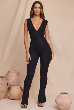 Black Oh Polly Romana Tall Plunge Neck Ruched Waist Jumpsuit | GVTO-96032