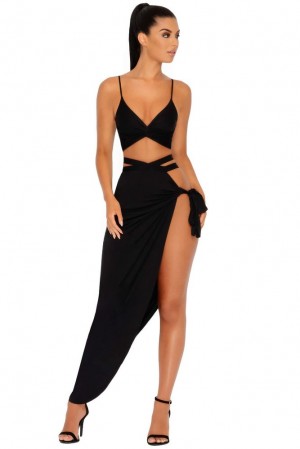 Black Oh Polly Slit To Kill Split Leg Maxi Skirt | WPLM-74063