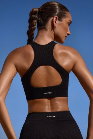 Black Oh Polly Success High Neck Open Back FlexiRib Sports Bra | QUPK-78159