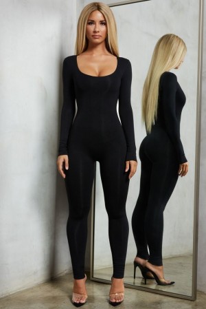 Black Oh Polly Suit Up Long Sleeve Unitard Jumpsuit | RJPY-09261