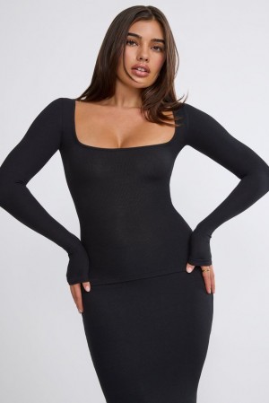 Black Oh Polly Tia Ribbed Modal Square Neck Long Sleeve Top | CYUS-69530