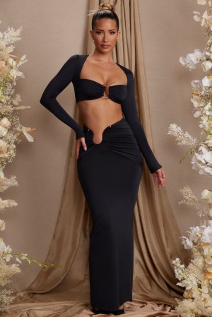 Black Oh Polly Tiani Asymmetric Draped Maxi Skirt | PKAN-81602