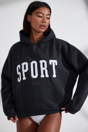 Black Oh Polly Varsity Oversized Hooded Sweatshirt | SGLU-41827