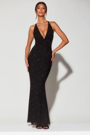 Black Oh Polly Verona Embellished Plunge Halter Neck Evening Gown | DPQC-28307