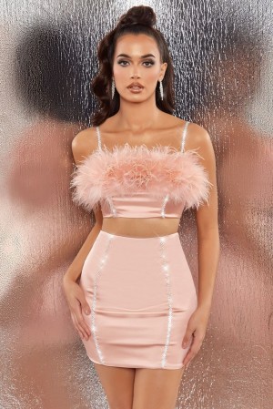 Blush Oh Polly Bring The Party Embellished Satin Feather Crop Top | FVOK-94851