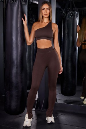 Brown Oh Polly All Fired Up Petite High Waist Split Flare Ribbed Leggings | QYKJ-69231