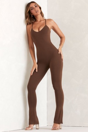 Brown Oh Polly Neoma Petite Scoop Neck Backless Jumpsuit | YIZR-71386