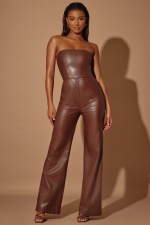 Brown Oh Polly Selah Petite Strapless Wide Leg Vegan Leather Jumpsuit | IZBX-54269