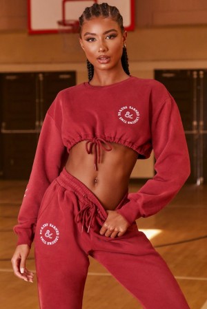 Burgundy Oh Polly Keep Moving Cropped Drawstring Sweatshirt | DUXN-12790