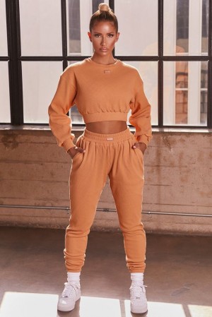 Caramel Oh Polly At Ease Ribbed Cropped Oversized Sweatshirt | NJZT-54082