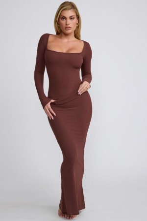 Chocolate Oh Polly Mona Ribbed Modal Mid Rise Maxi Skirt | EPRU-64753