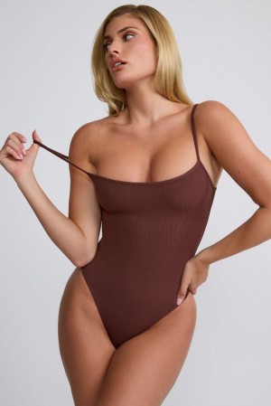 Chocolate Oh Polly Nadia Ribbed Modal Square Neck Bodysuit | ILTU-07685