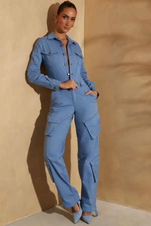 Dark Blue Oh Polly Blake Wide Leg Long Sleeve Cargo Jumpsuit | WZKD-63890