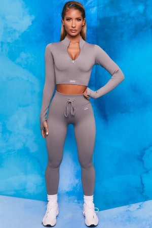 Dark Grey Oh Polly Endure Ribbed Long Sleeve Half Zip Crop Top | ZIQA-08954