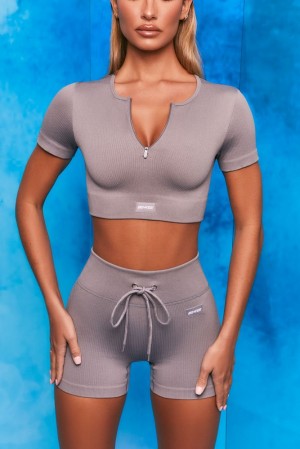 Dark Grey Oh Polly Perform Ribbed Short Sleeve Zip Front Crop Top | FAYL-18306