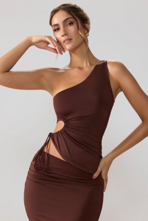 Espresso Oh Polly Aura Slinky Jersey Ruched Cut Out One Shoulder Top | ZPYS-69245