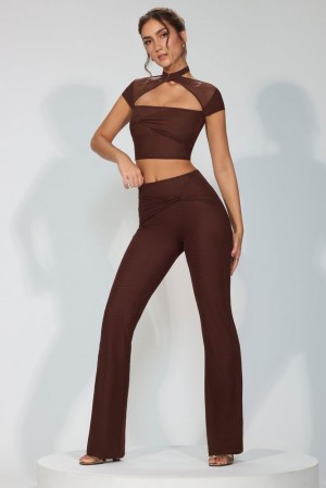 Espresso Oh Polly Ridley Mesh Mid Rise Twist Overlay Flare Trousers | EYHU-32985