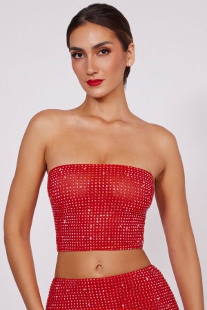 Fire Red Oh Polly Nicia Embellished Strapless Crop Top | MPWZ-71693