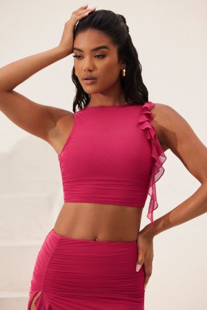 Fuchsia Oh Polly Verbena Open Back Ruched Ruffle Crop Top | MGPT-18245