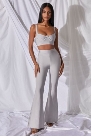 Grey Oh Polly Too Good For You Petite High Waisted Bandage Flare Trousers | EYJB-39051