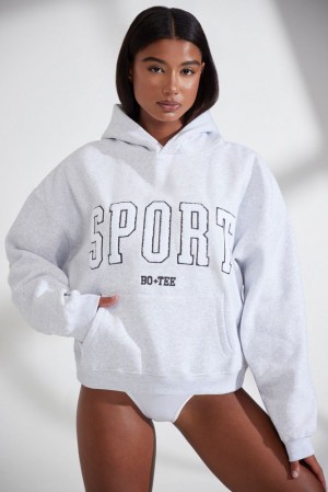 Heather Grey Oh Polly Varsity Oversized Hooded Sweatshirt | GEWB-78915