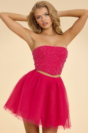 Hot Pink Oh Polly Adeline Strapless Corset Crop Top | NQKI-81346