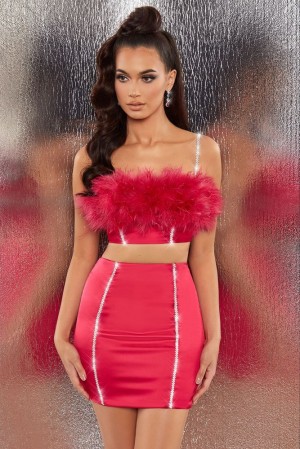 Hot Pink Oh Polly Bring The Party Embellished Satin Feather Crop Top | CQKV-61534