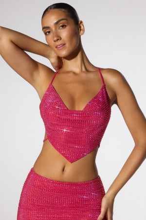 Hot Pink Oh Polly Rocco Embellished Cowl Neck Open Back Crop Top | VQHL-07594