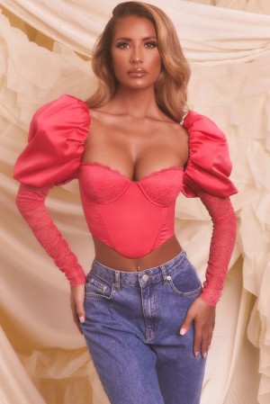 Hot Pink Oh Polly Somebody To Love Puff Sleeve Satin Lace Crop Top | QWZY-62873