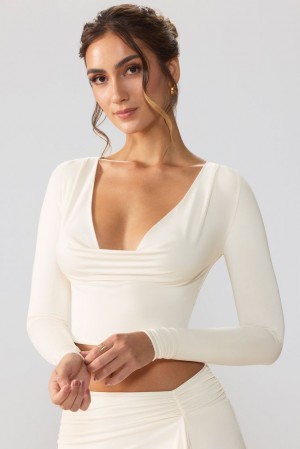 Ivory Oh Polly Avery Slinky Jersey Plunge Neck Long Sleeve Crop Top Top | VHDK-42719