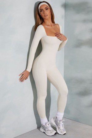 Ivory Oh Polly Delanie Square Neck Long Sleeve Jumpsuit | SFRM-38102