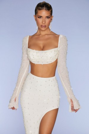 Ivory Oh Polly La Desirade Embellished Cowl Neck Crop Top | EMHL-74198