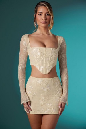 Ivory Oh Polly Neve Long Sleeve Embellished Lace Corset Crop Top | MSRH-73068