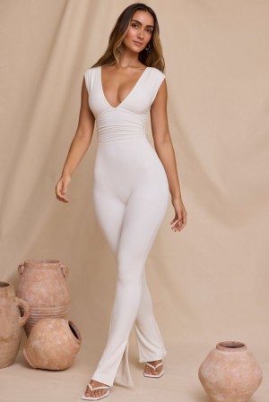 Ivory Oh Polly Romana Petite Plunge Neck Ruched Waist Jumpsuit | VDTE-93827