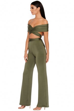 Khaki Oh Polly Late Night Ruche Off Shoulder Wrap Top | AEQD-64238