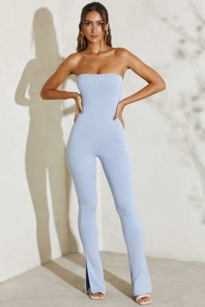 Light Blue Oh Polly Jamila Strapless Flared Hem Jumpsuit | NBCX-54627